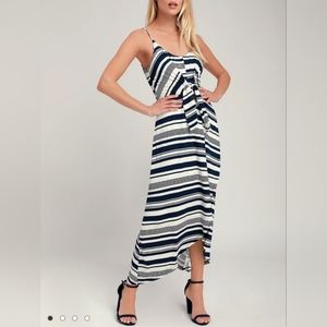 Eves Blue and White Striped Tie-Front High-Low Midi Dress